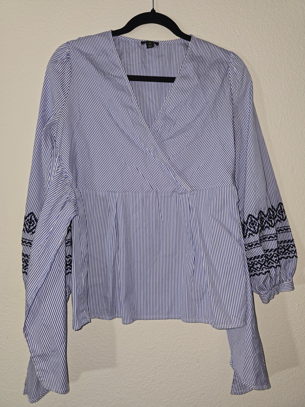 Ann Taylor Blue and White Striped Wrap Blouse with Black Embroidered Sleeves